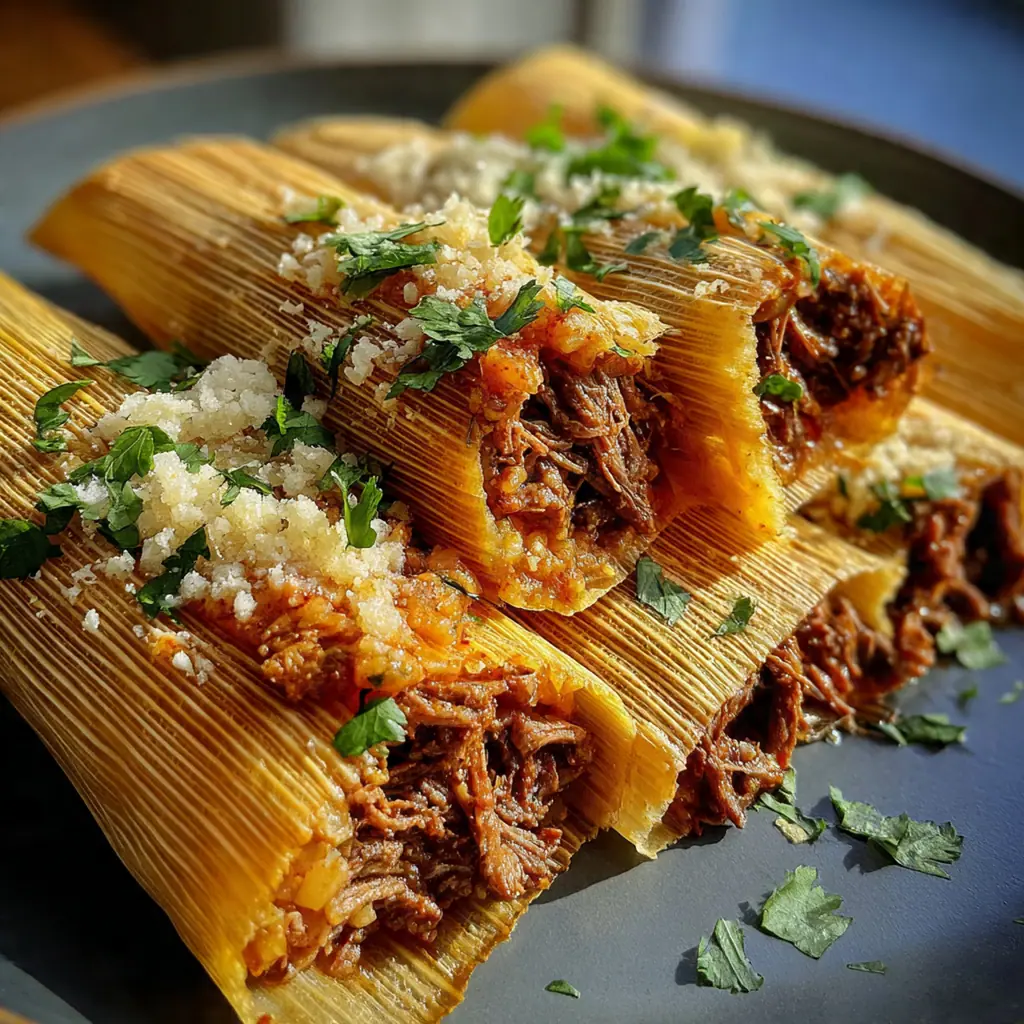 Close-up of a spoon breaking through the soft masa layer into the rich, savory beef chili beneath