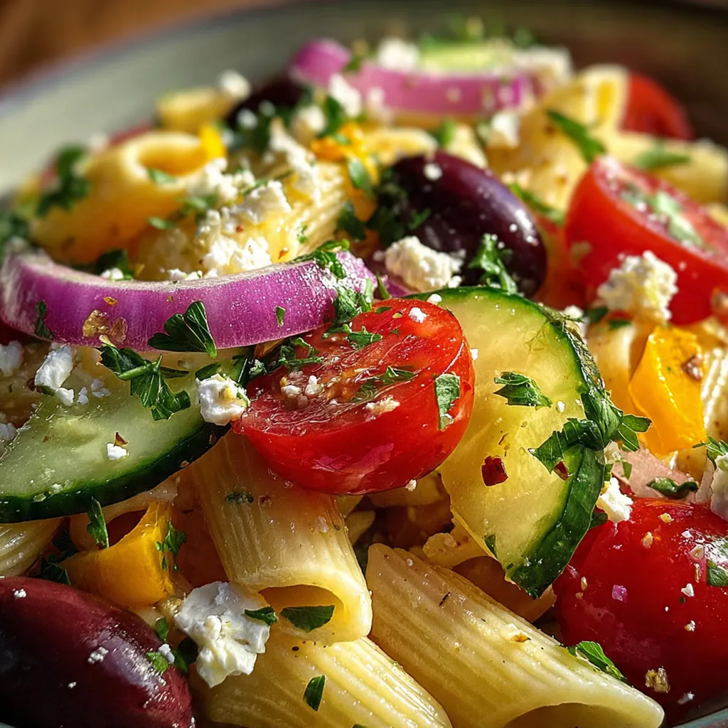 Close up shot of a forkful of Greek pasta salad showing rotini, olives, and diced peppers.