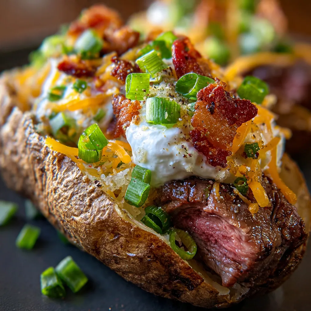 A complete plated loaded baked potato steak with a dollop of sour cream and fresh garnish