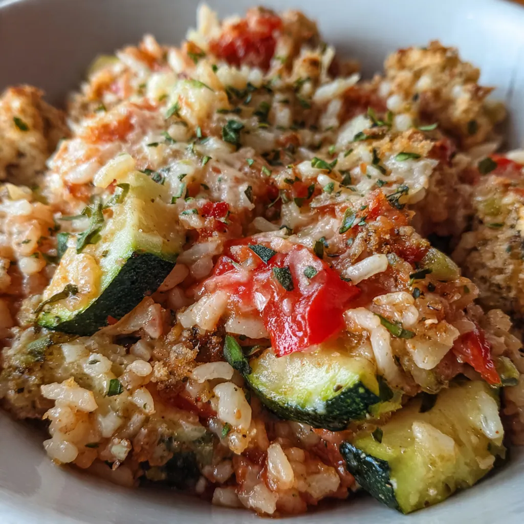 Close-up of a serving spoon scooping into the moist, herbed interior of the casserole
