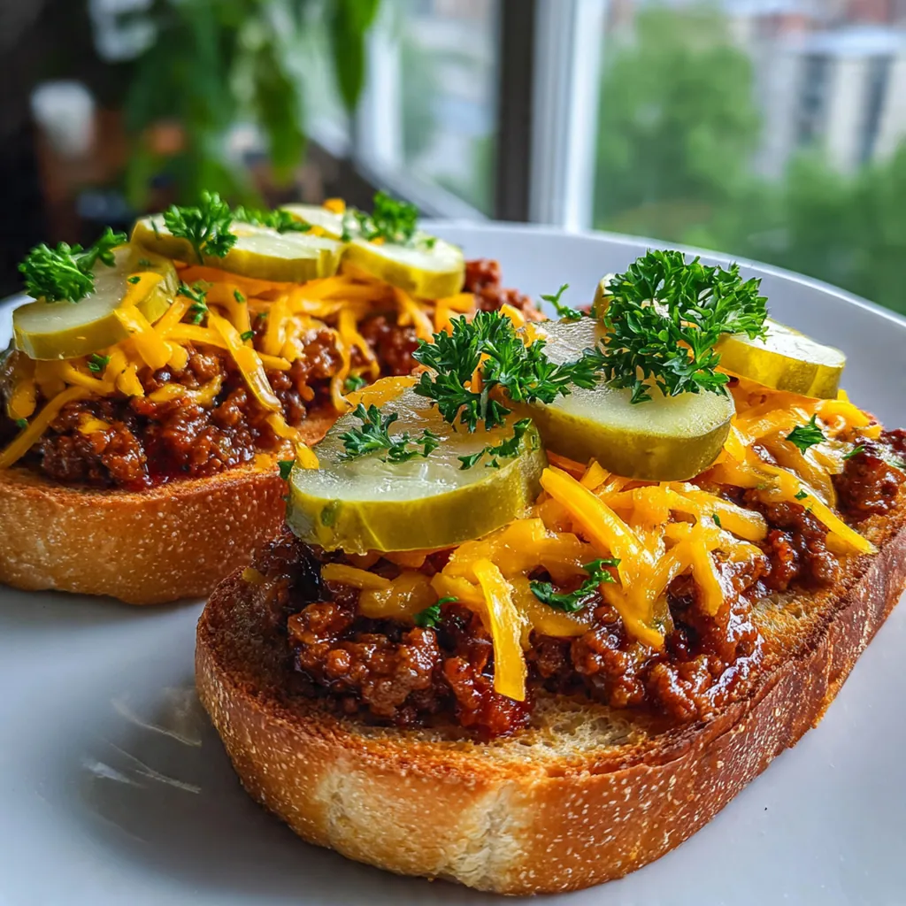 Overhead shot of four cheesy sloppy joe toasts on a baking sheet garnished with fresh parsley