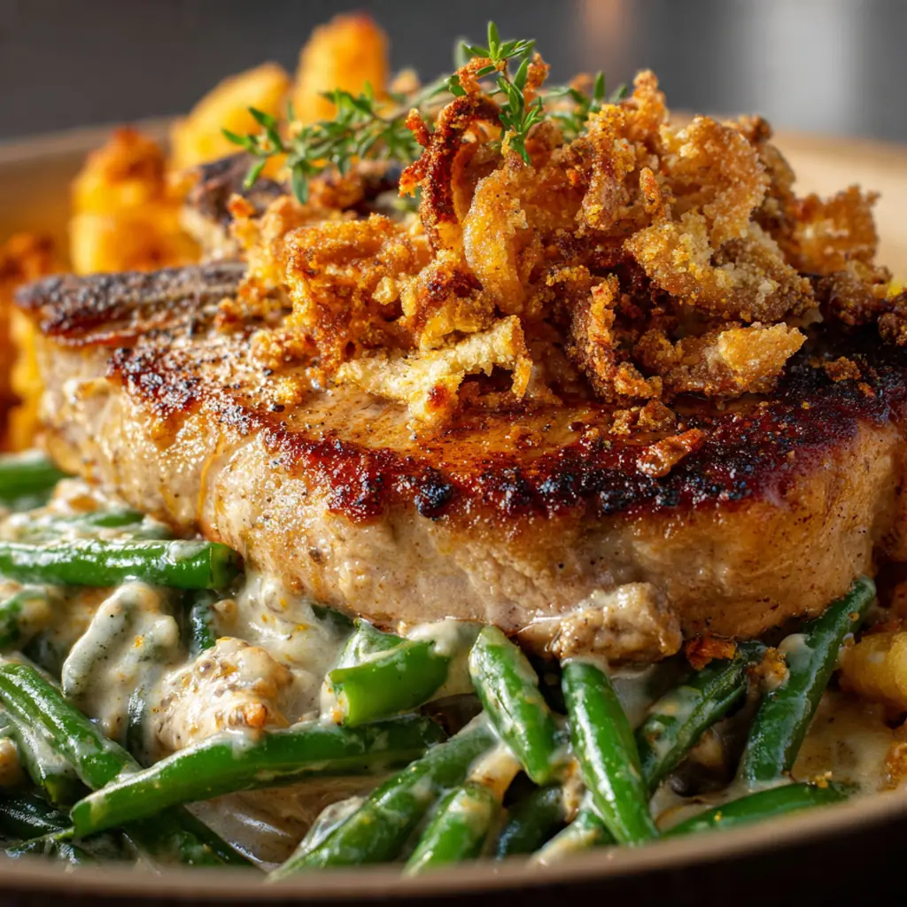 Close-up of a tender pork chop resting on creamy green beans and mushrooms in a rich sauce.