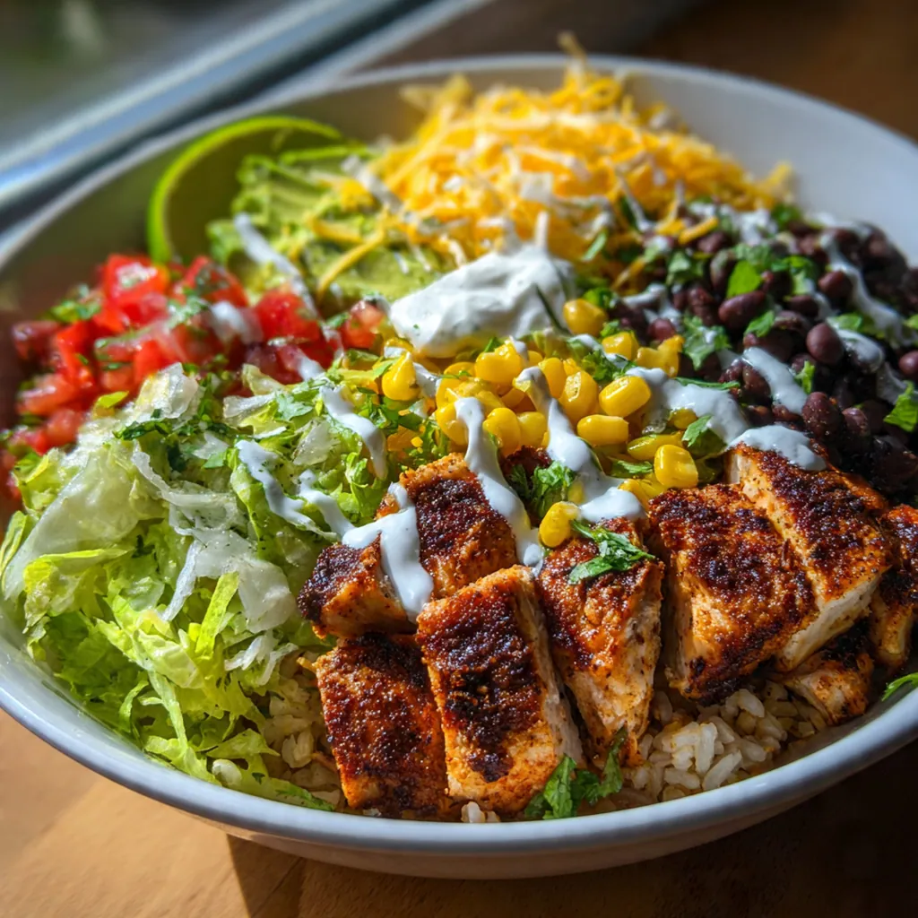 Fresh ingredients for burrito bowls including grilled chicken avocado tomatoes and cheese