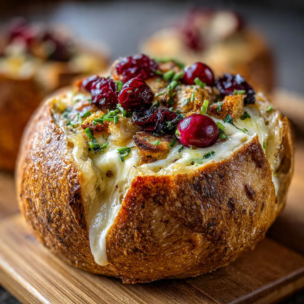 Close-up of a spoon pulling a stretchy strand of melted brie from the warm bread bowl