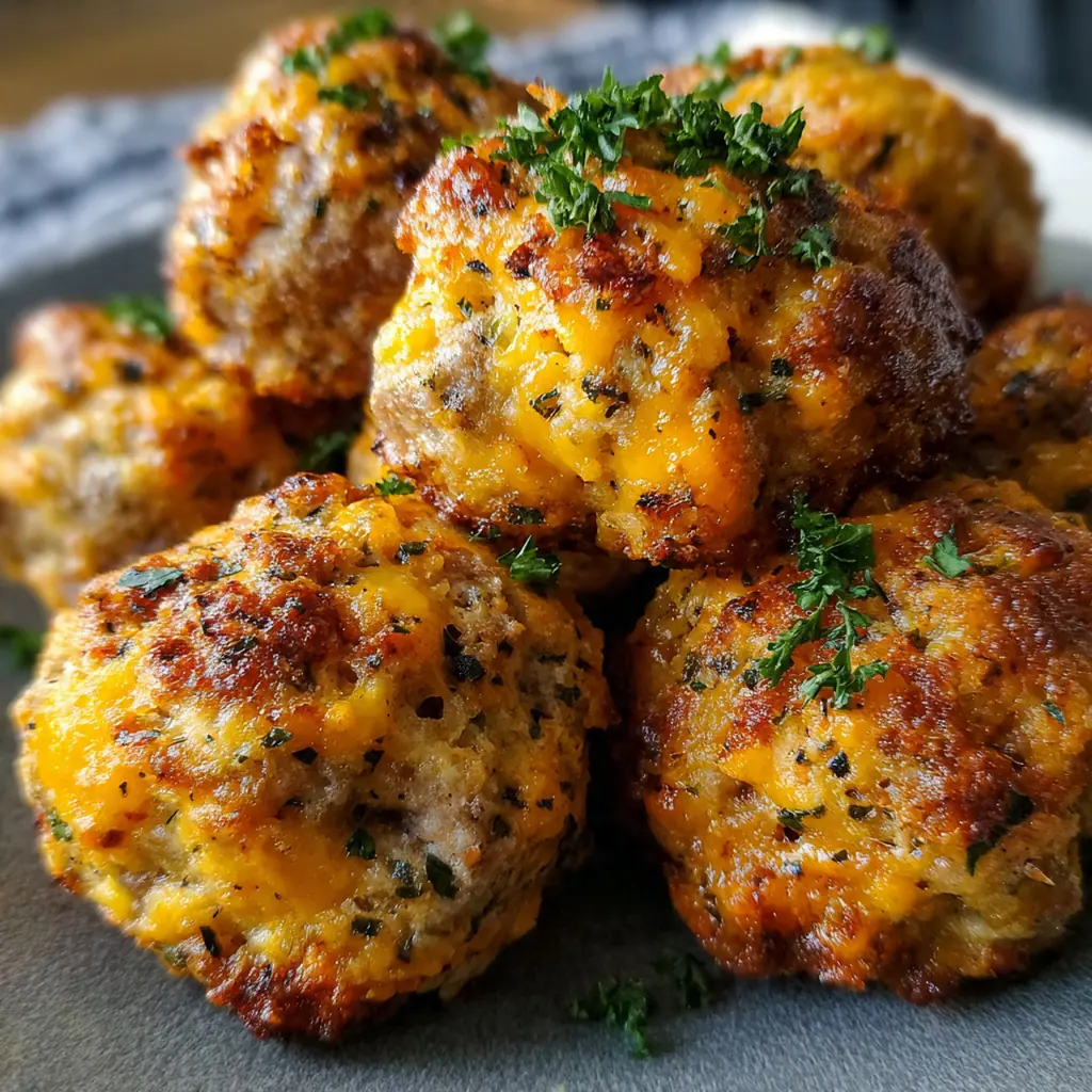 Freshly baked sausage balls with melted cheddar cheese and a savory crust.