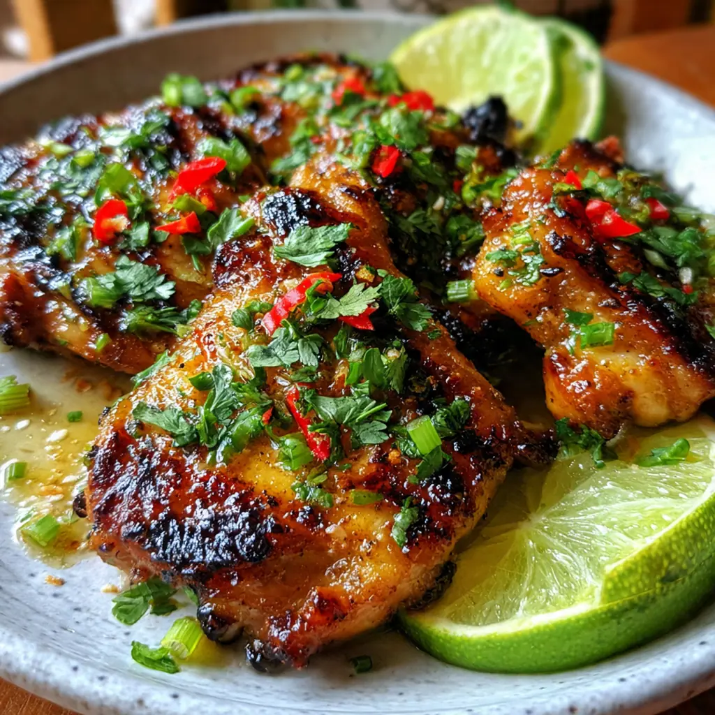 Close-up of sliced coconut chicken on a plate with lime wedges and chopped peanuts