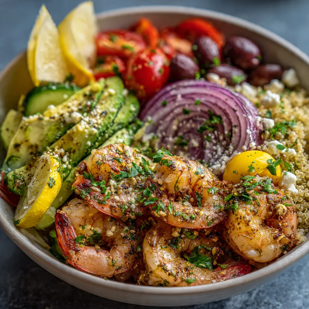 Overhead shot of assembled bowls with quinoa, colorful vegetables, and a drizzle of lemon dressing