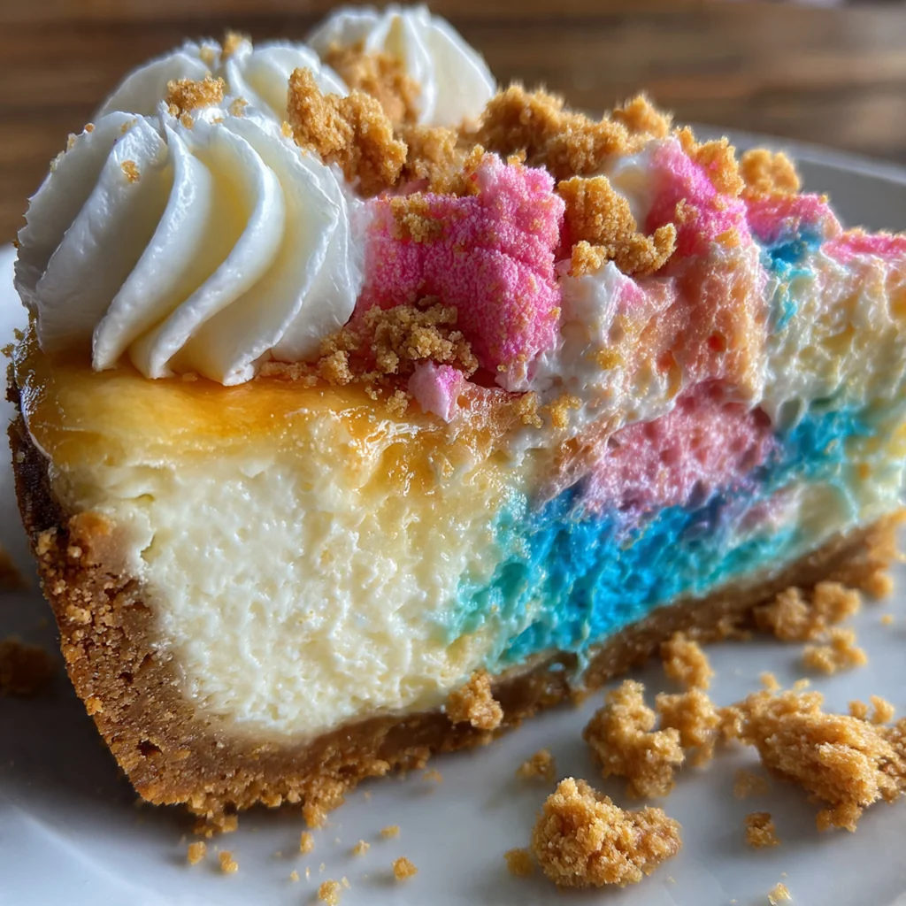 Close up of the creamy pink cheesecake filling and graham cracker crust layers.