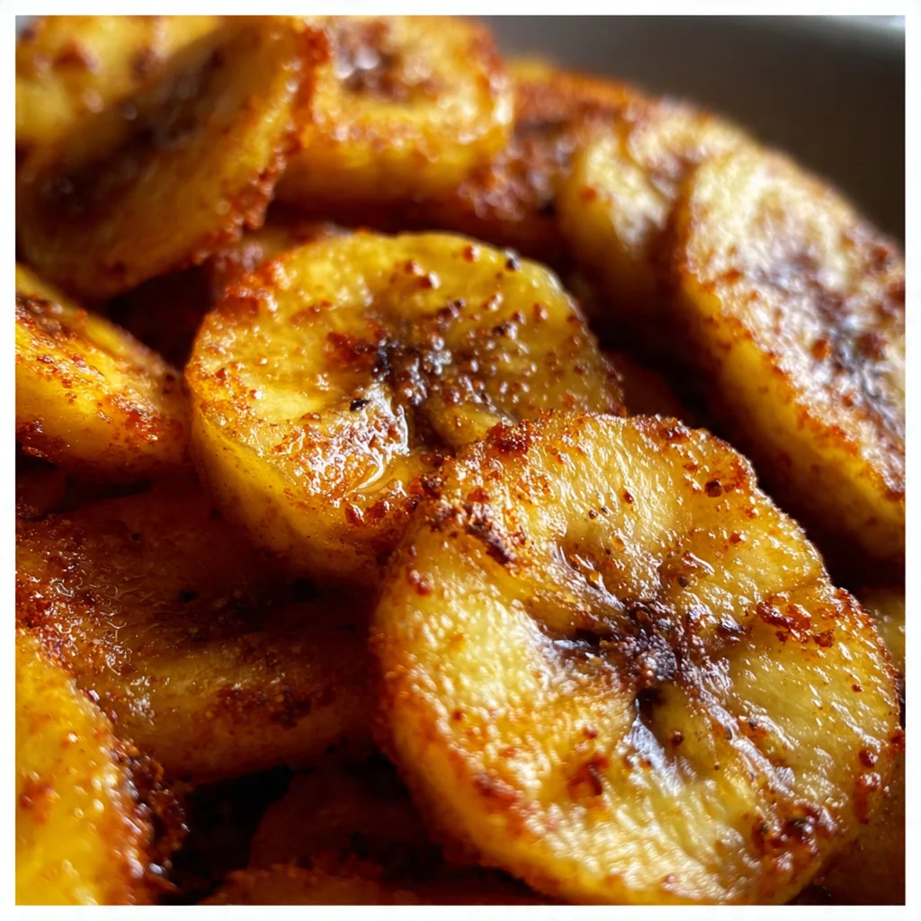 Homemade banana chips in a glass jar with a few whole bananas nearby
