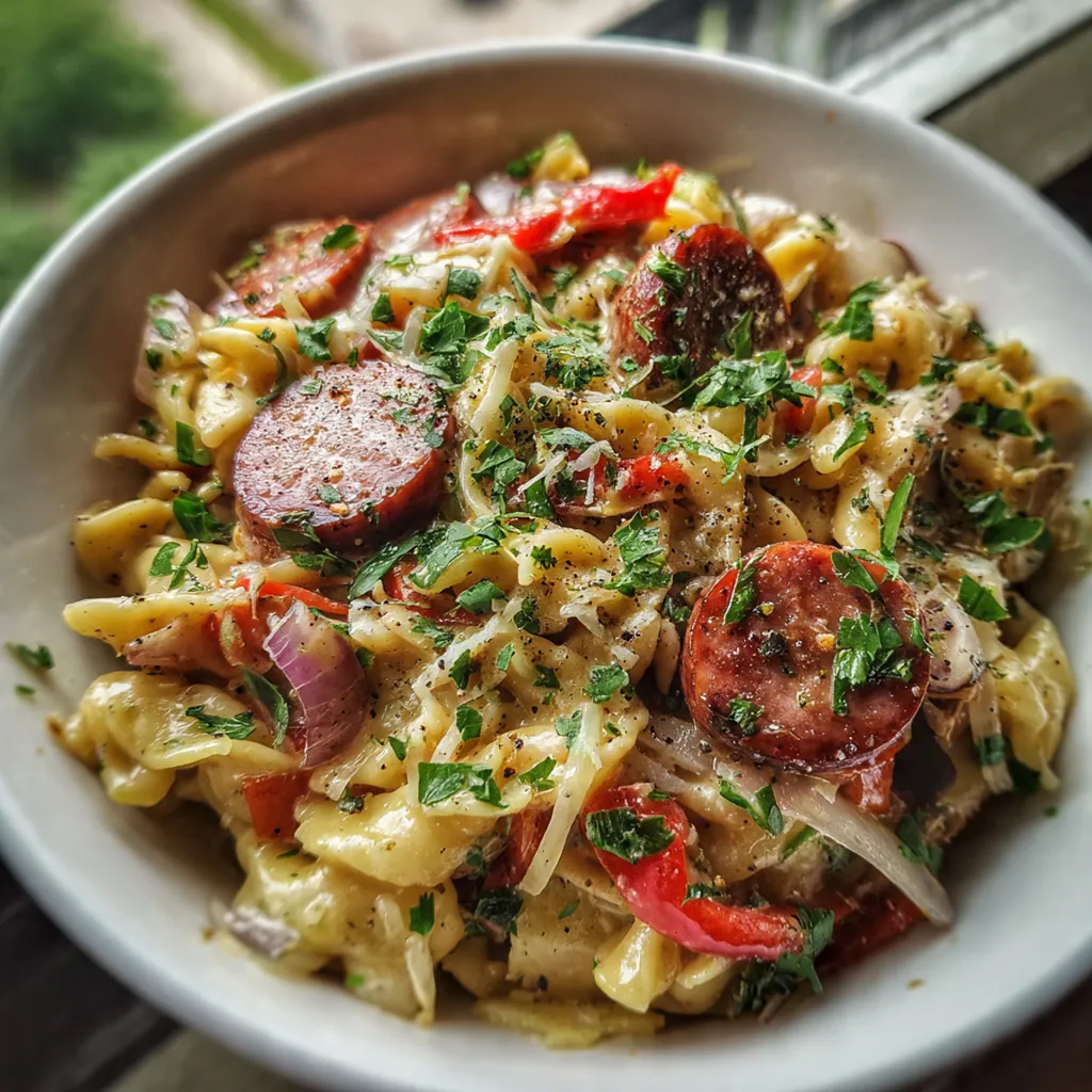 Overhead shot of the one pot meal served with a green salad and slice of garlic bread
