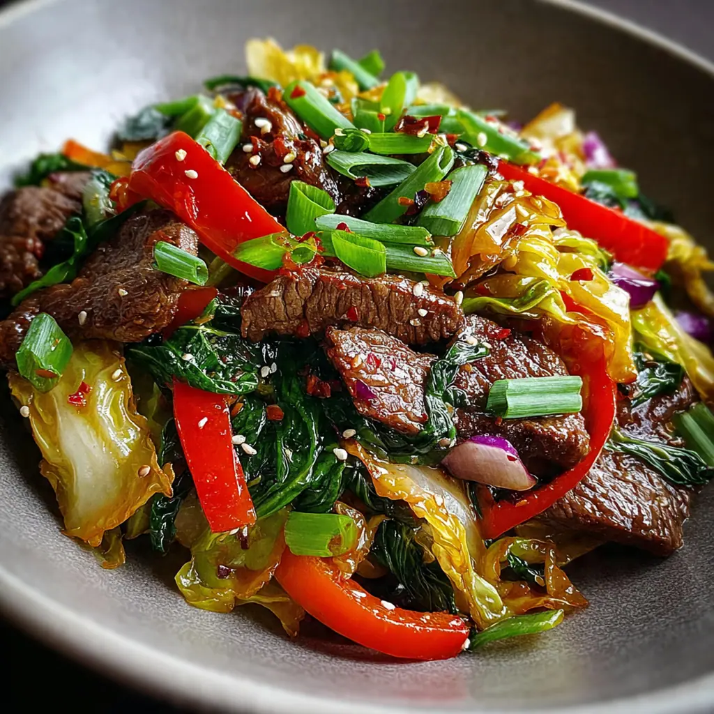 Close-up of tender marinated beef and crisp Napa cabbage coated in glossy savory sauce