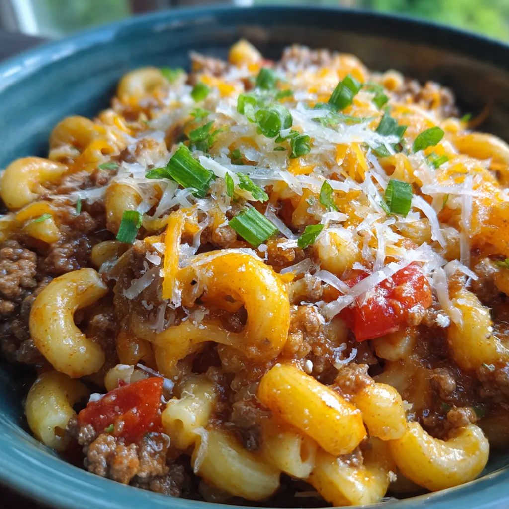 Close-up of a fork twisting through perfectly coated cheesy pasta and savory ground beef