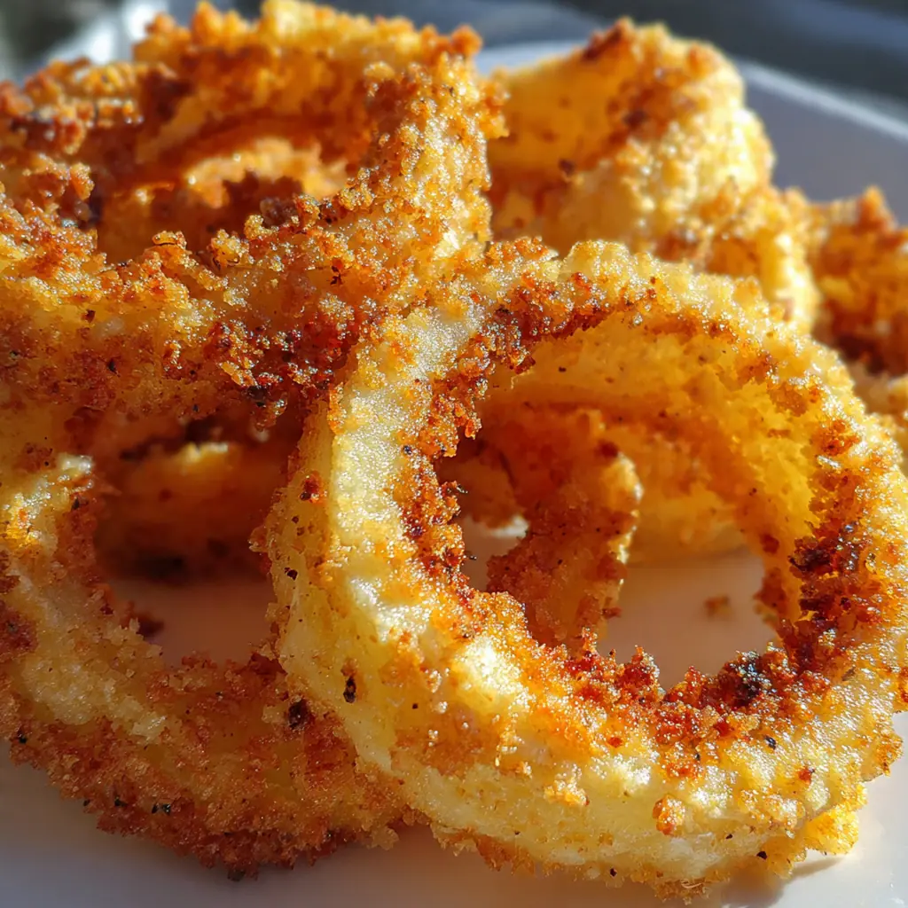 Close-up of a crispy panko-coated onion ring being dipped into a bowl of creamy ranch dressing