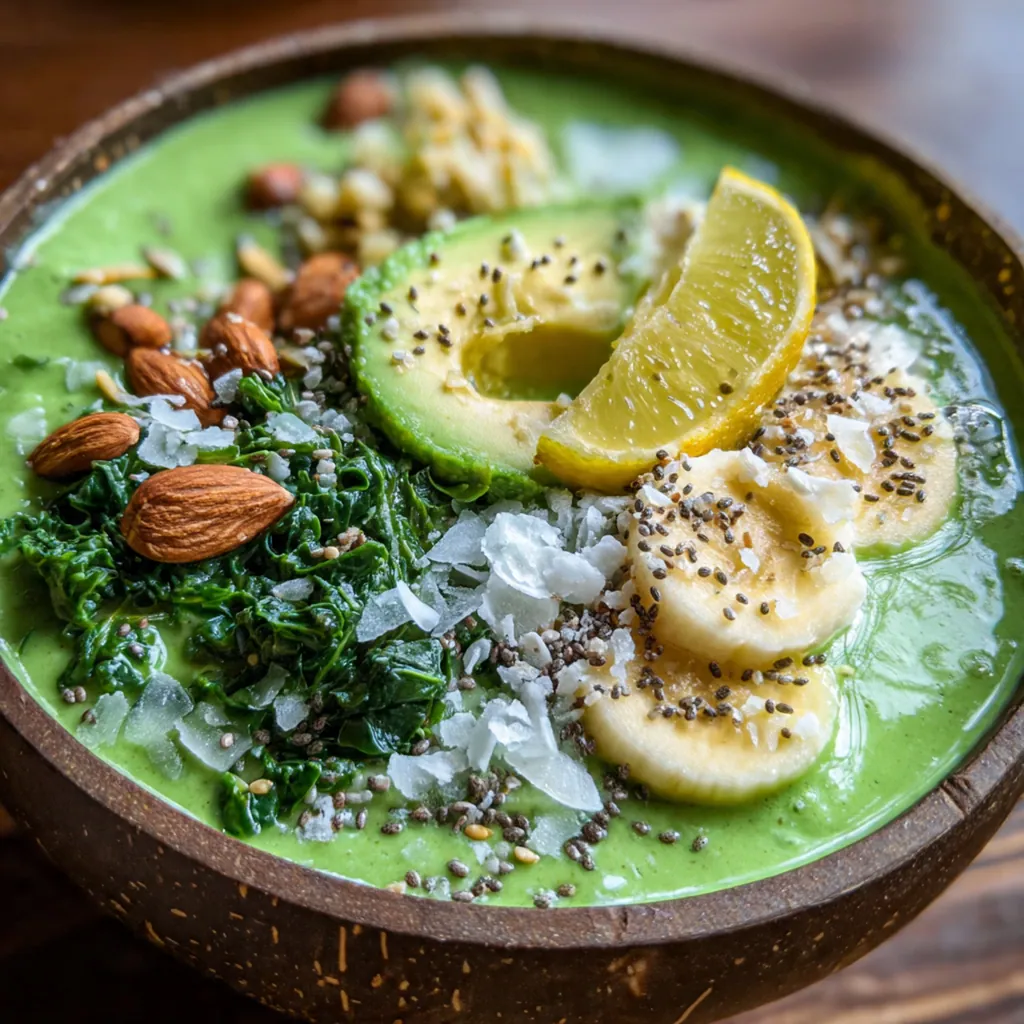 Creamy Best Green Smoothie being poured from blender into glass with tropical fruit garnish