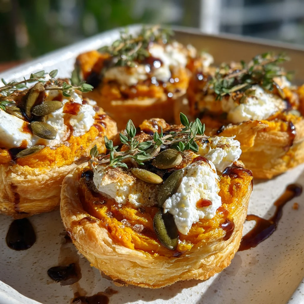 Overhead shot of ingredients for pumpkin tartlets including pumpkin puree, goat cheese, and spices