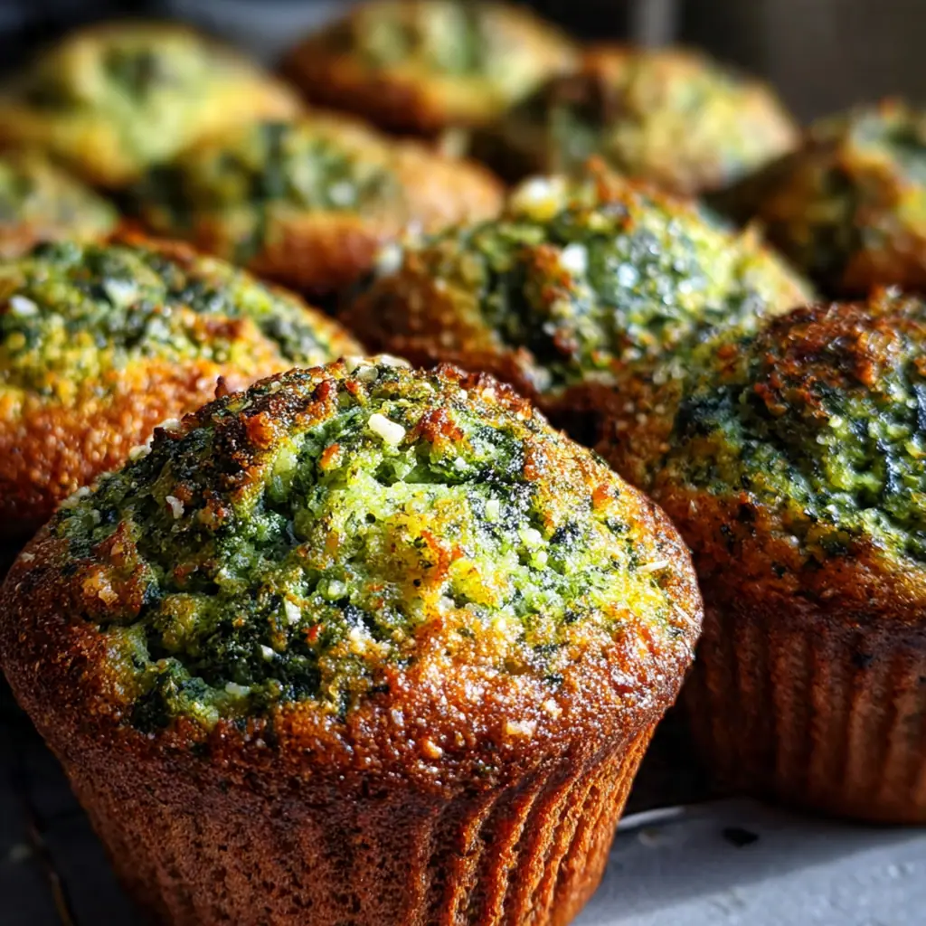 Close-up of a tender spinach muffin broken in half showing the soft green crumb