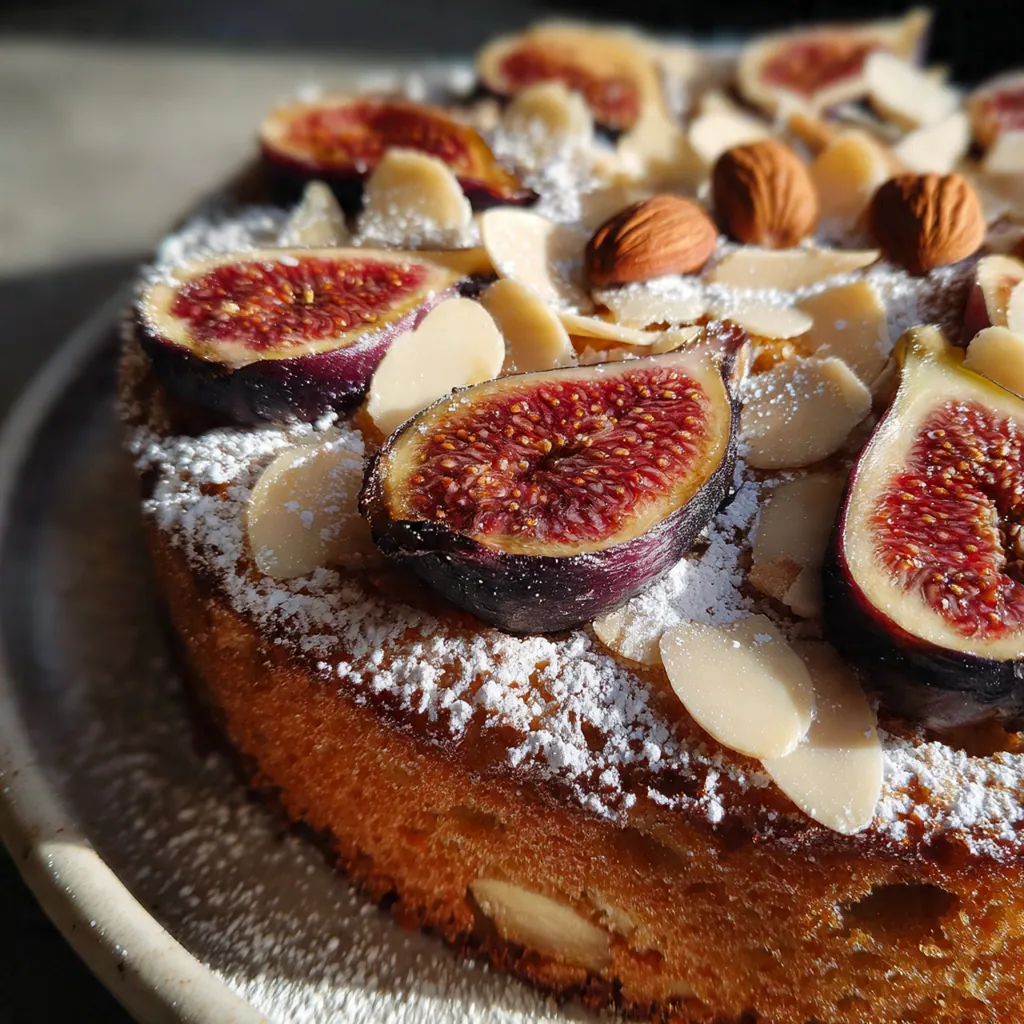 Fresh fig halves and sliced almonds arranged beautifully before being covered with cake batter