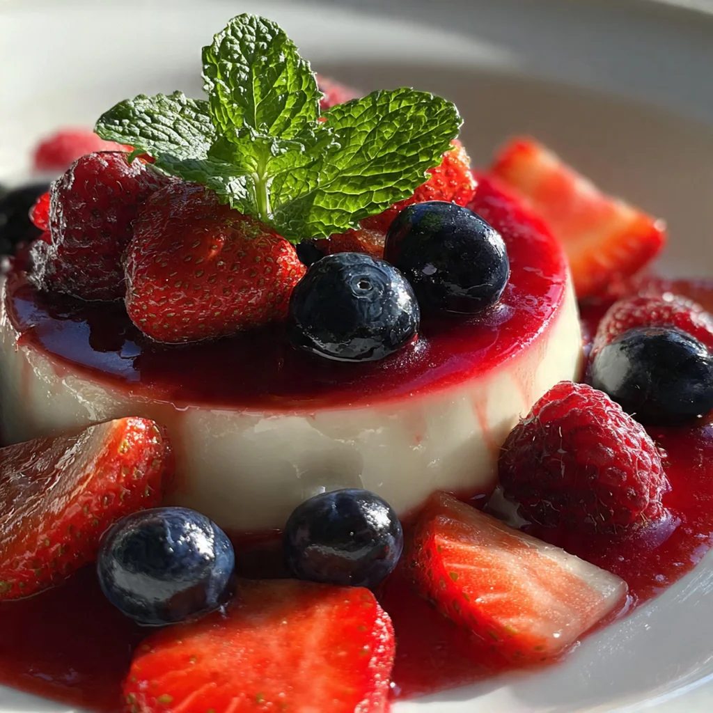 A rustic table setting with ramekins of panna cotta and a saucepan of homemade berry sauce