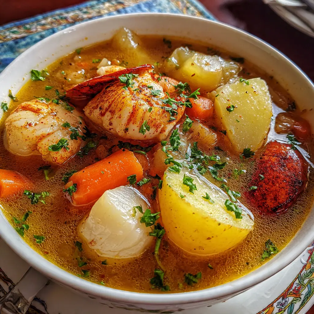Close-up of tender lobster meat and seared scallop pieces in a rich, savory broth