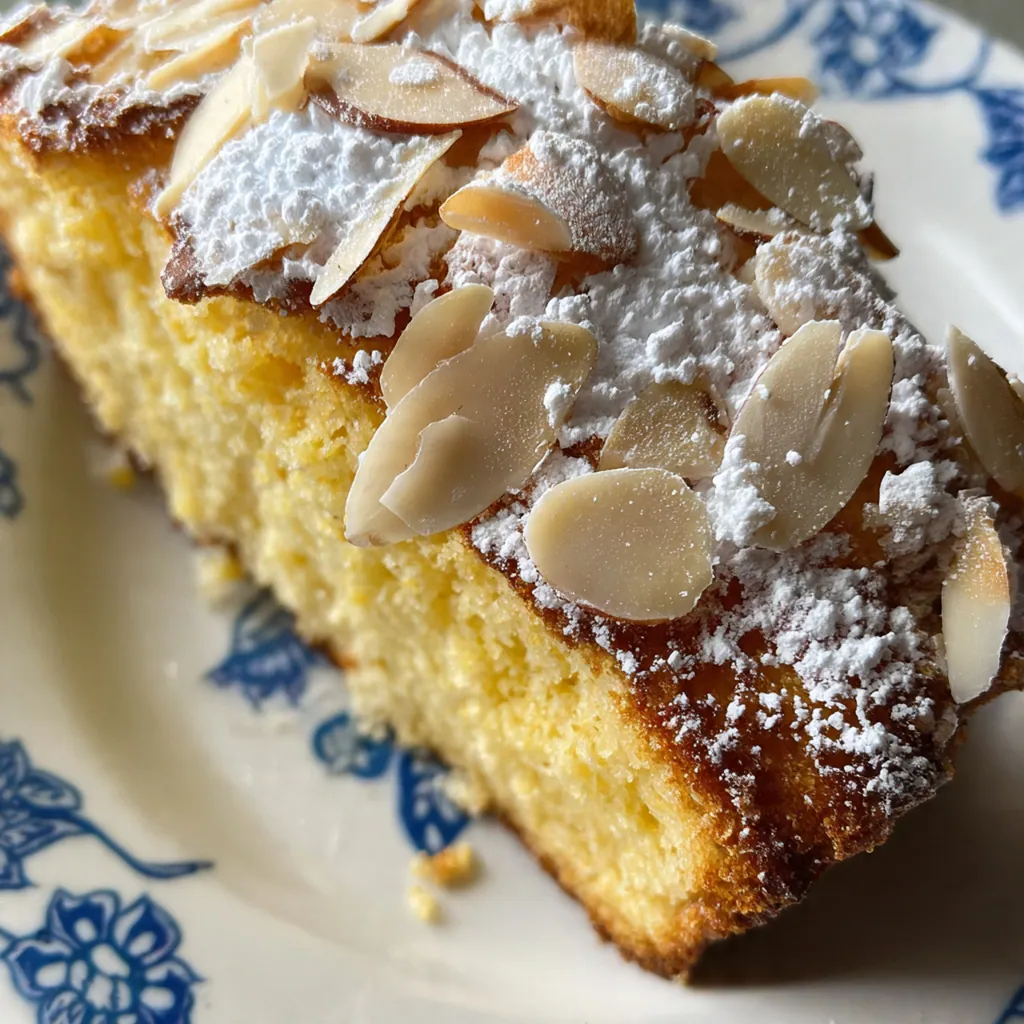 Close-up view of crumbly almond pastry texture showing the golden edges and sliced almond topping