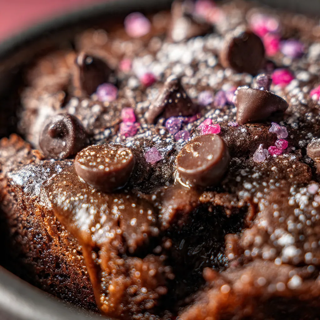 A simple mug brownie dusted with powdered sugar and fresh raspberries on the side