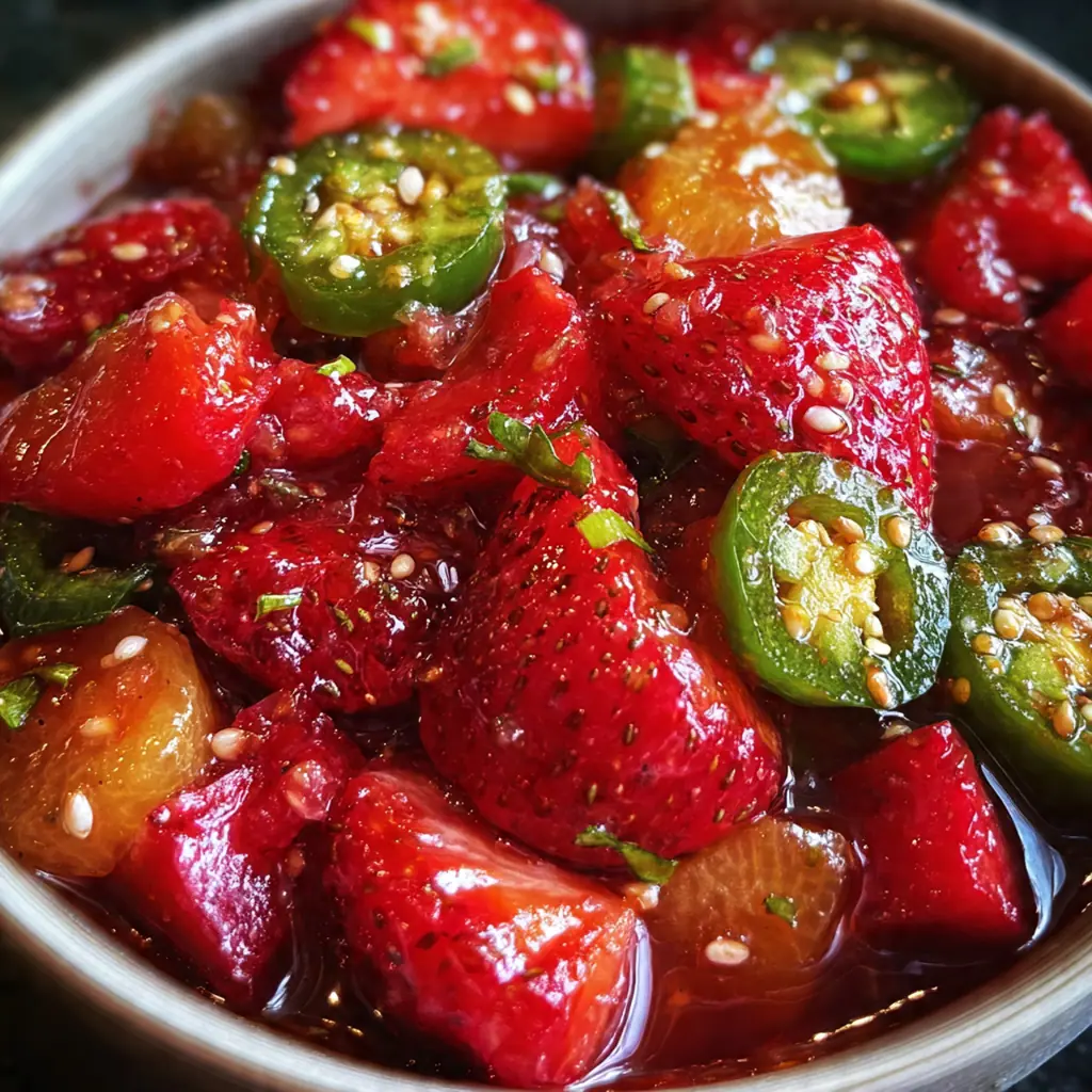 Close-up of a spoon dipping into a jar of glossy, jewel-toned strawberry jam with flecks of green jalapeno