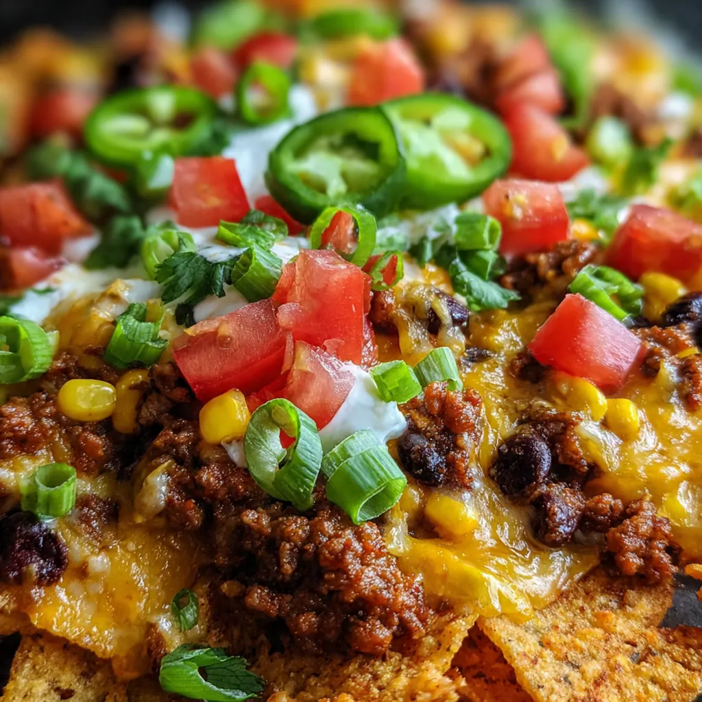 Plated square of the casserole topped with fresh tomatoes, jalapeños, cilantro, and a dollop of sour cream
