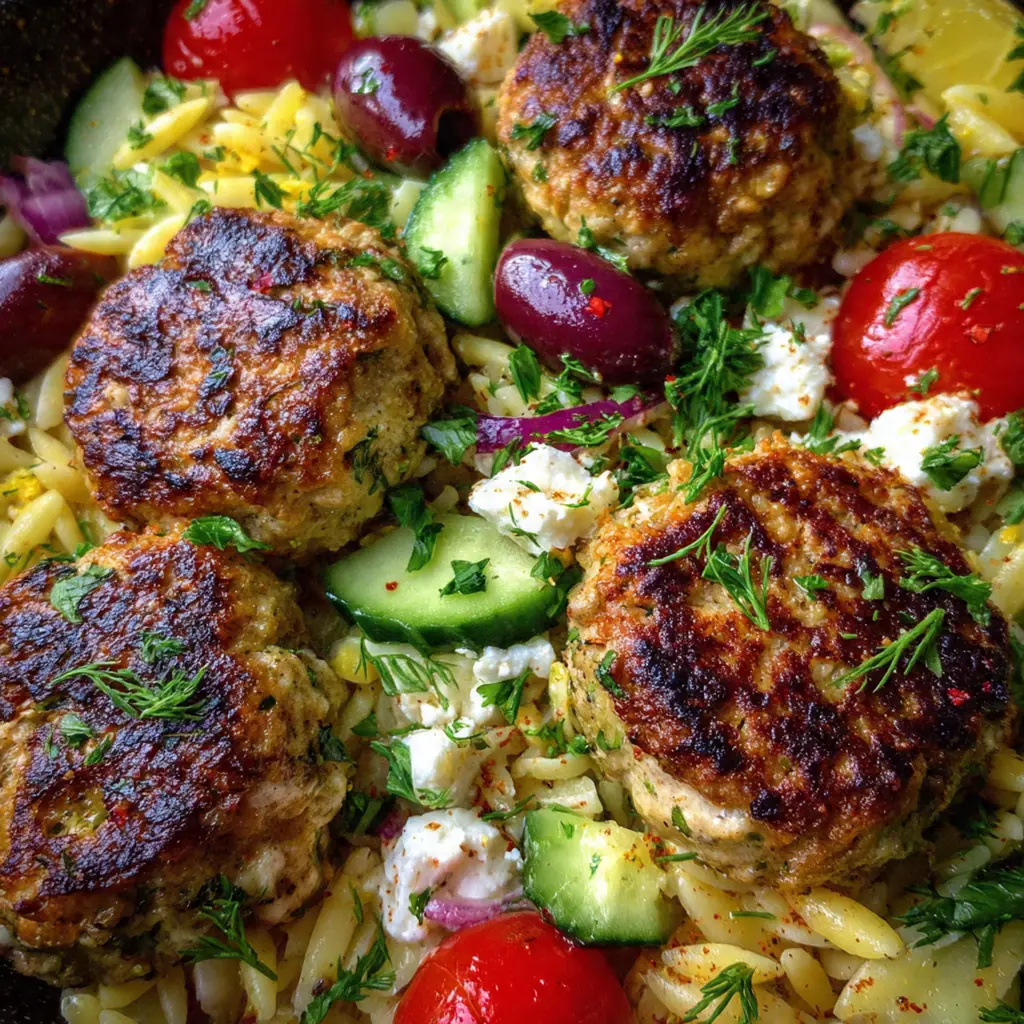 Fresh ingredients for Greek meatballs including ground chicken, herbs, lemon, and spices