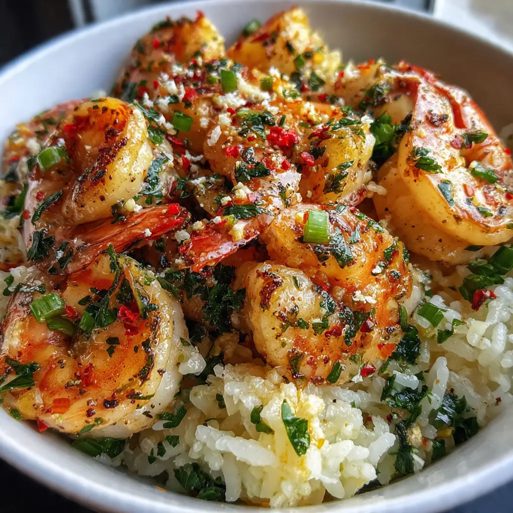 Overhead shot of a spoon lifting a portion of shrimp and rice from the cast iron skillet, steam rising