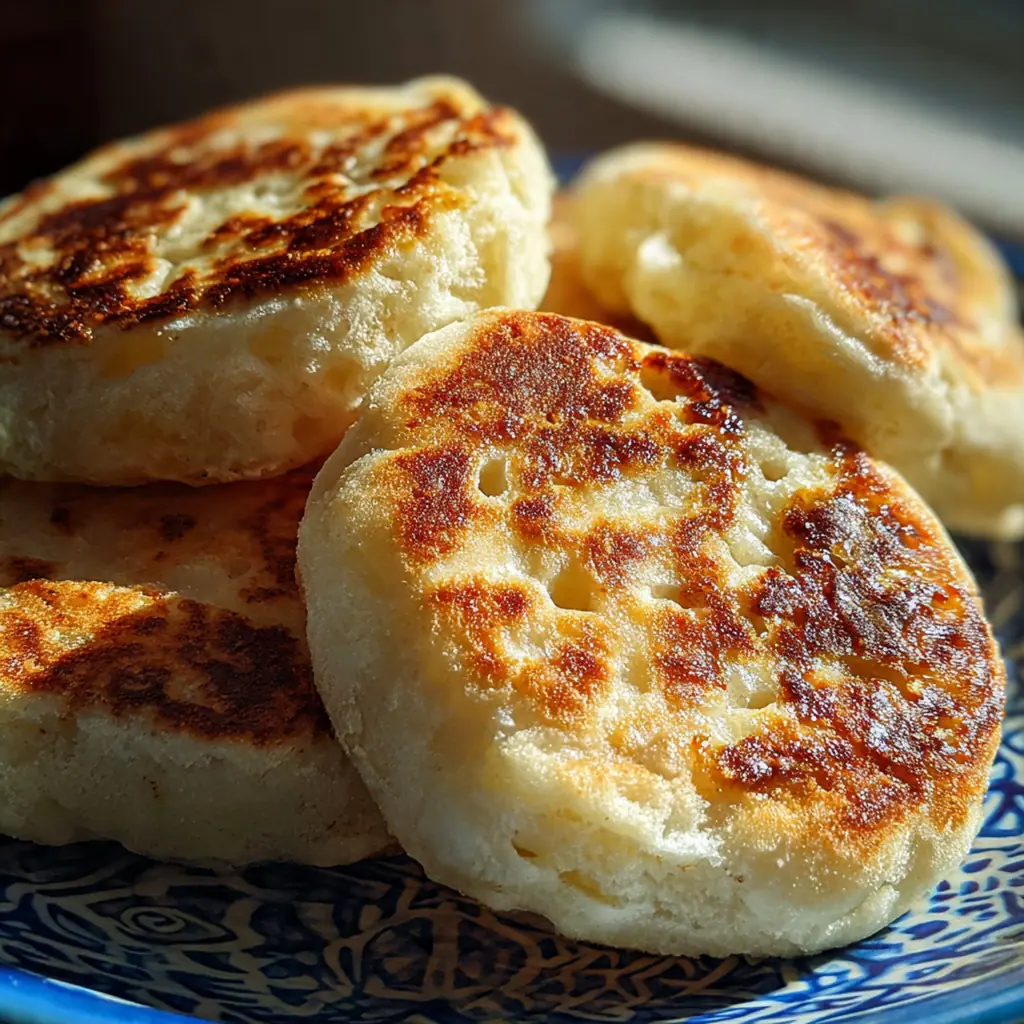 Close-up of a split sourdough crumpet dripping with melted butter and strawberry jam