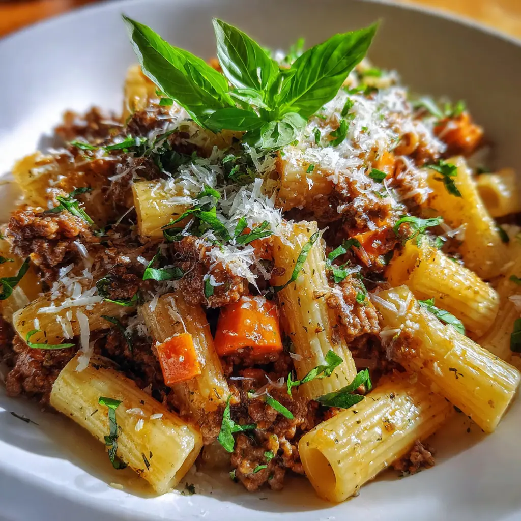 Close-up view of the White Bolognese showing the finely diced soffritto vegetables and perfectly browned meat