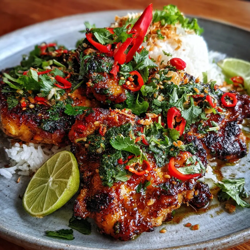 Close-up of sliced grilled chicken on a platter garnished with fresh cilantro and lime wedges
