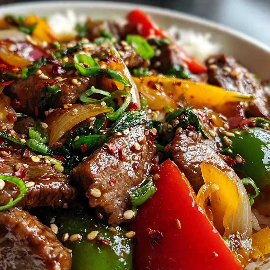 A complete dinner bowl with pepper steak stir fry served over fluffy white rice and garnished with green onions