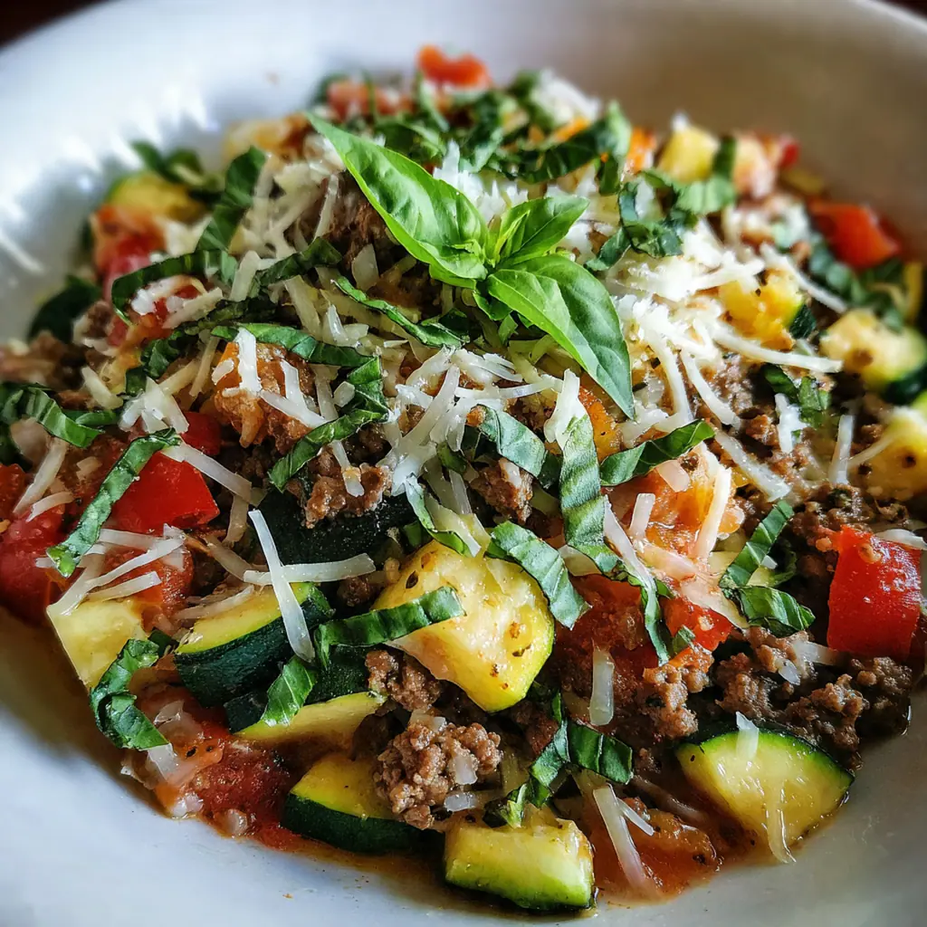 A complete dinner plate with the zucchini skillet served over a bed of pasta with a green salad on the side