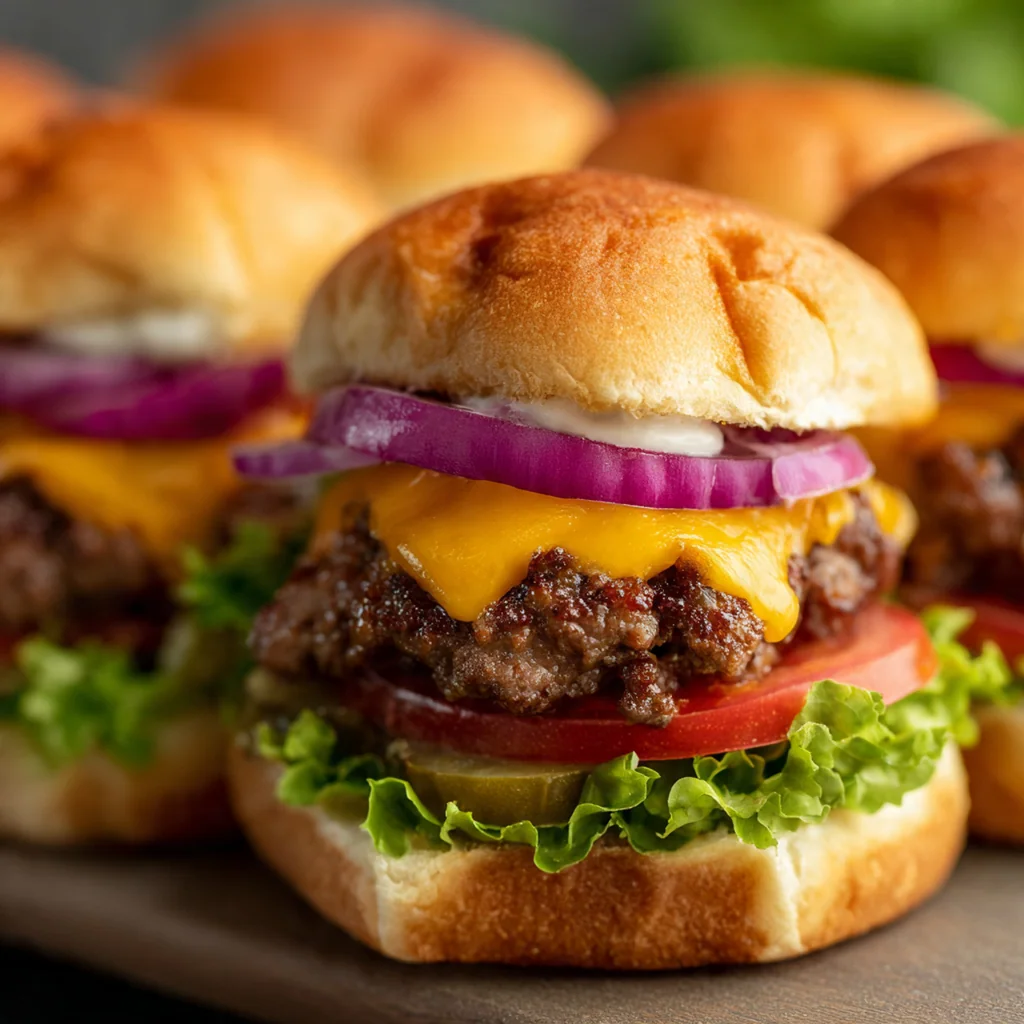 Plated cheeseburger sliders with ketchup and mustard served alongside crispy fries