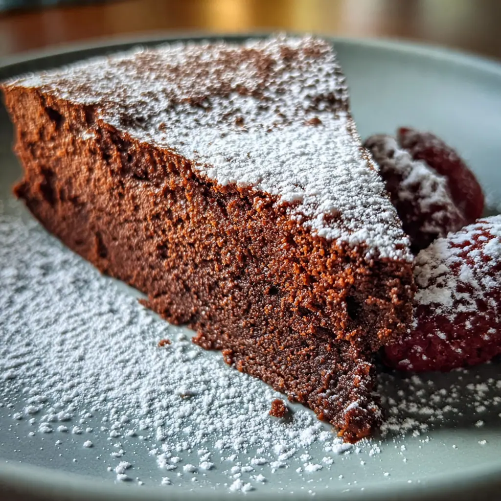 A whole chocolate ricotta cake in a springform pan with a rich dark brown crumb and glossy chocolate chips visible
