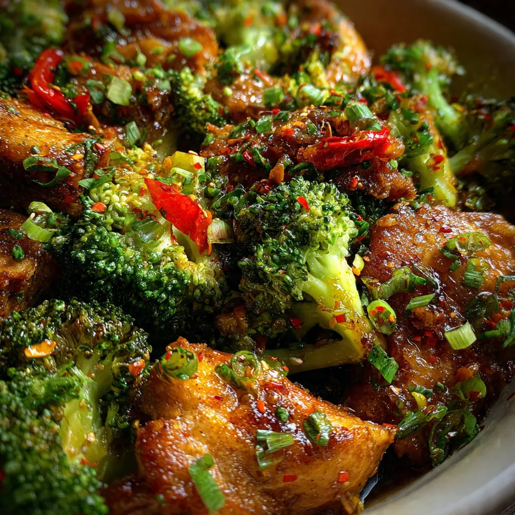 Close-up of a fork lifting tender chicken and broccoli coated in rich, sticky bourbon sauce