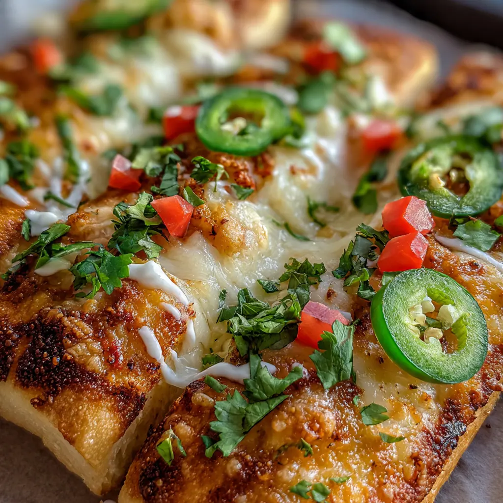 Close-up of a pulled-apart cheesy taco breadstick with strings of melted cheddar and Monterey Jack cheese stretching from the roll.