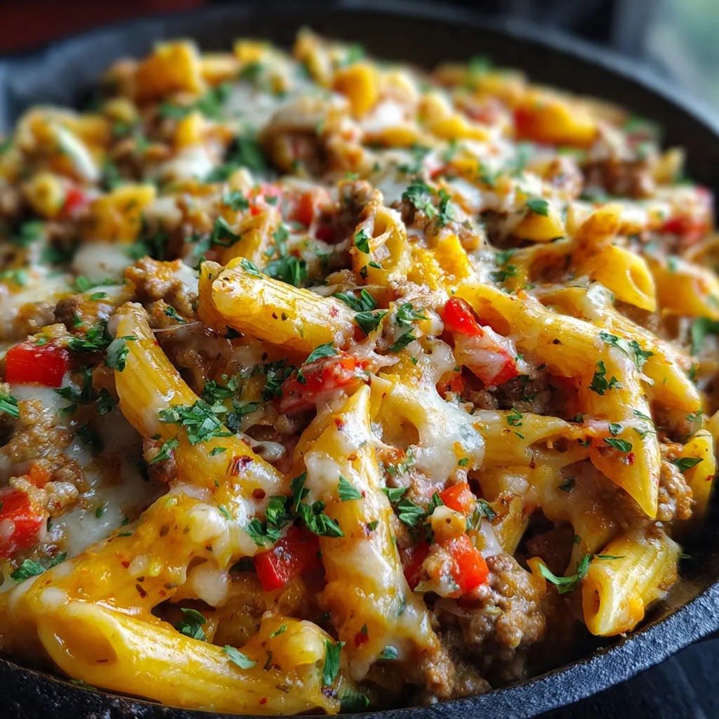 Close-up of a fork twisting through penne pasta coated in creamy tomato sauce with sausage