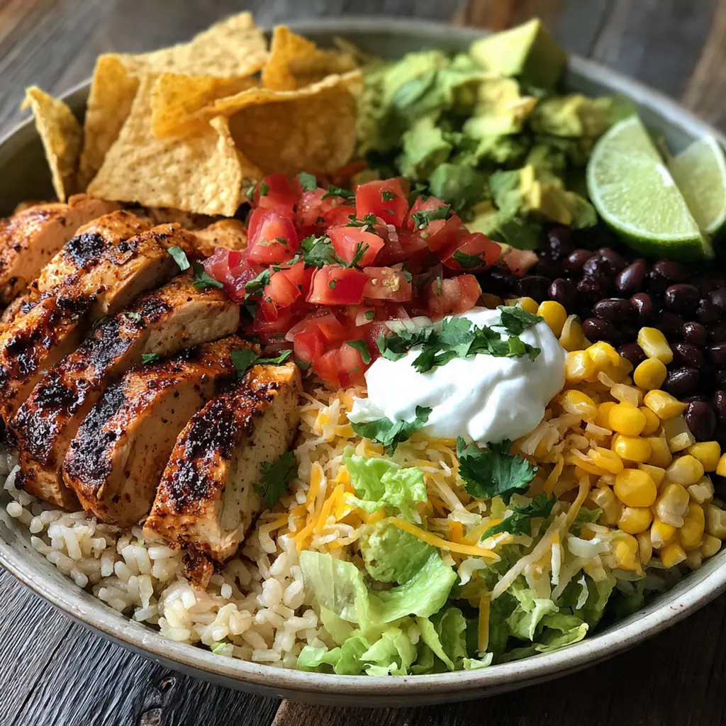 Close-up of grilled chicken strips on cilantro lime rice with black beans corn and avocado