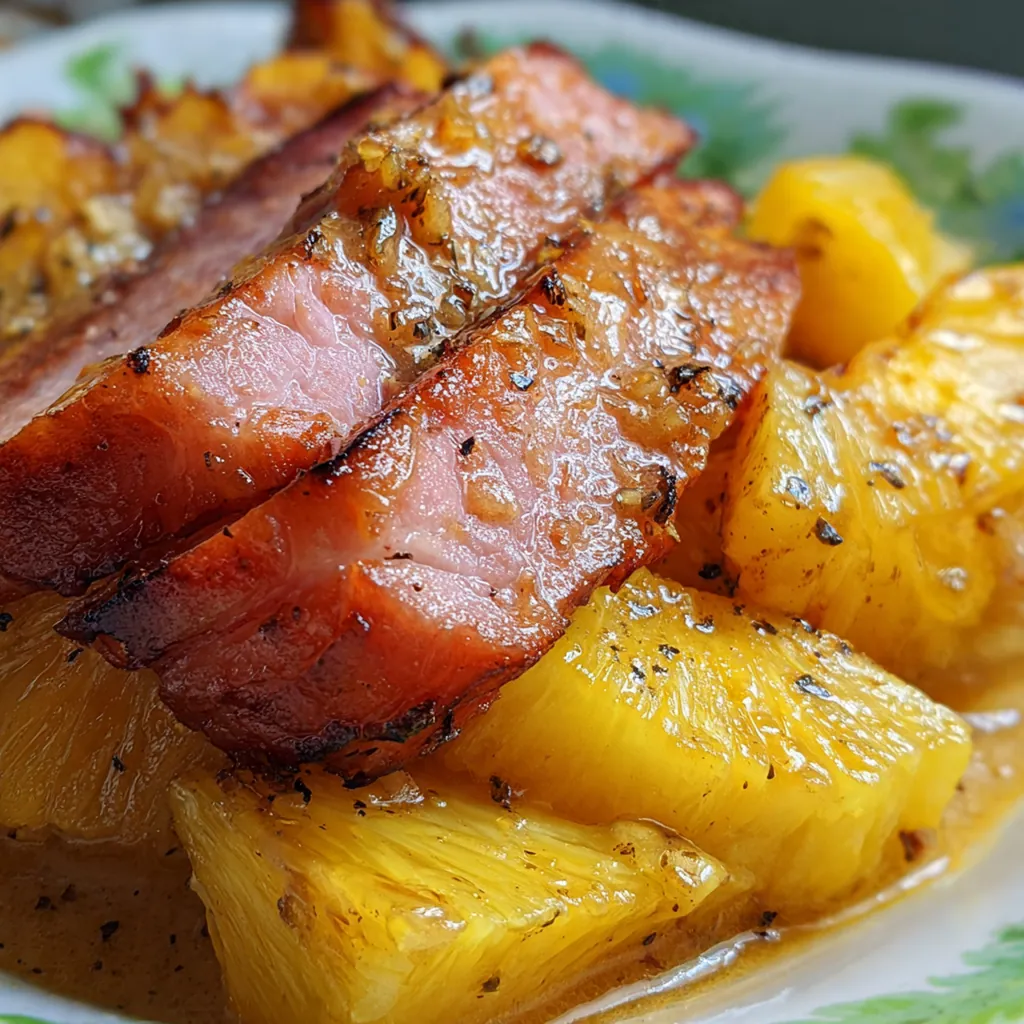 Close-up of the glazed ham showing the glossy brown sugar crust and a pineapple slice secured with a cherry