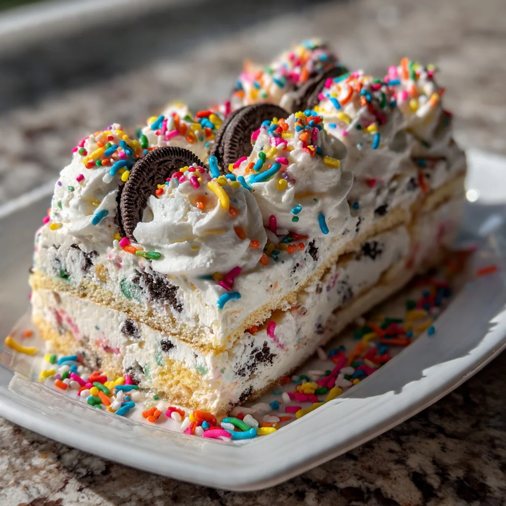 Close-up of a creamy slice showing layers of chocolate cookies and colorful filling