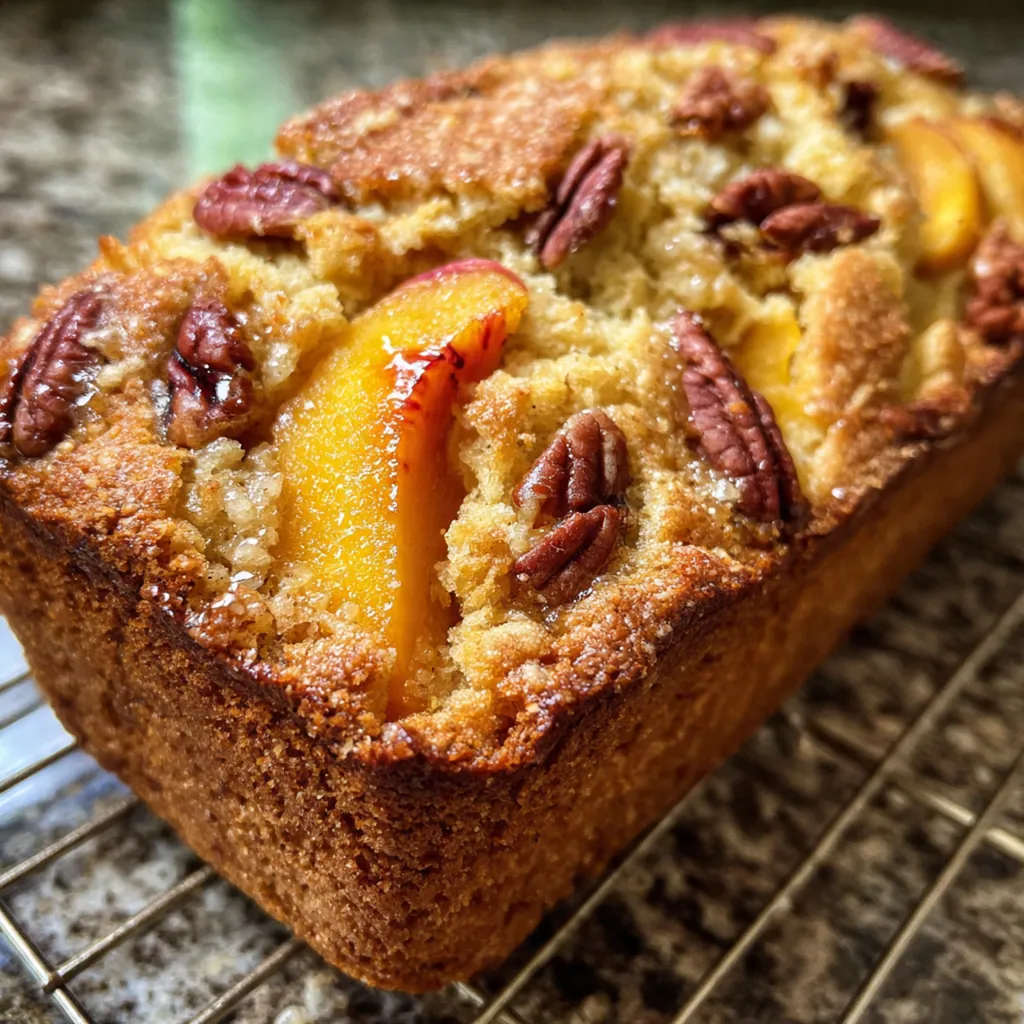 Close-up slice of moist peach bread showing chunks of fruit and a tender, golden crumb