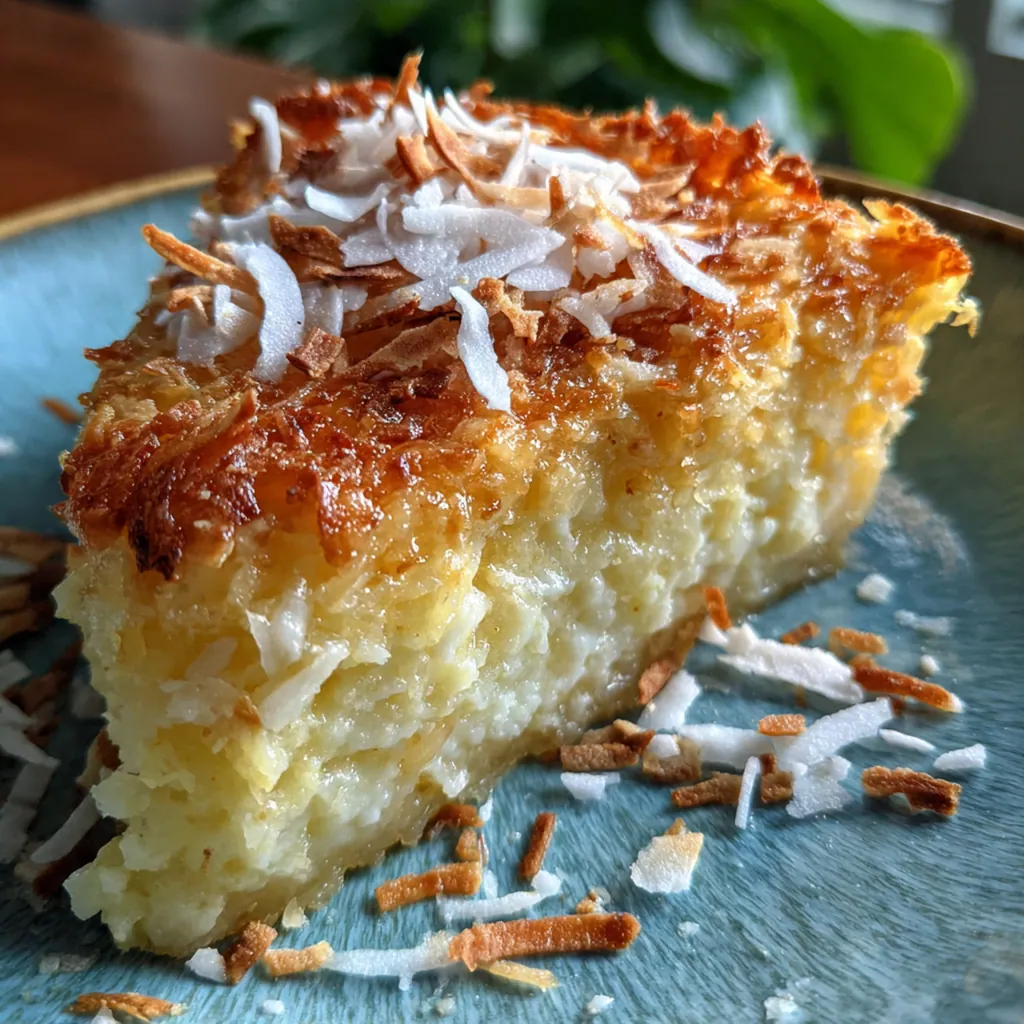 Close-up slice of creamy coconut custard pie with flakes of coconut throughout