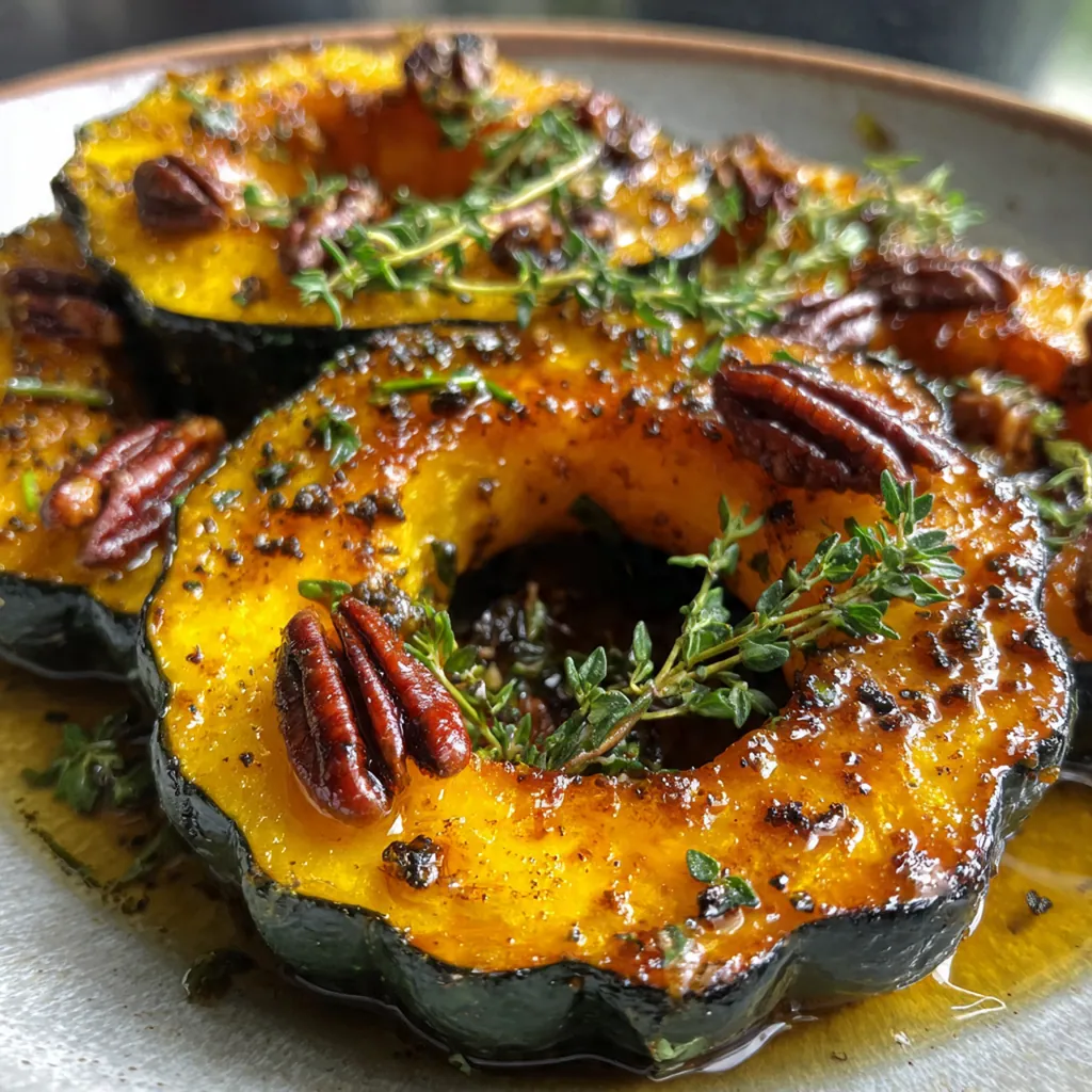 Close-up of caramelized acorn squash with a sprinkling of toasted pecans and orange zest