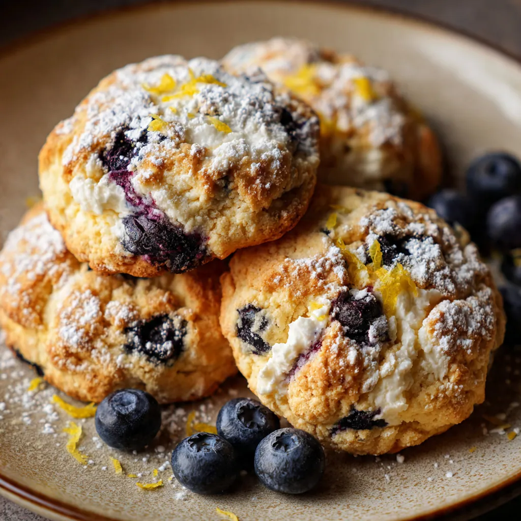 Close-up of a broken cookie showing the smooth cream cheese center and plump blueberries inside