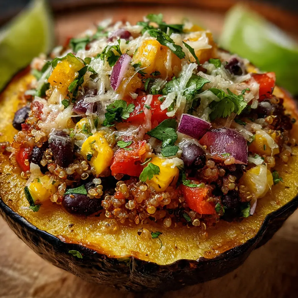 Close-up of the savory stuffing showing fluffy quinoa, bright green kale, tart cranberries and toasted pecans