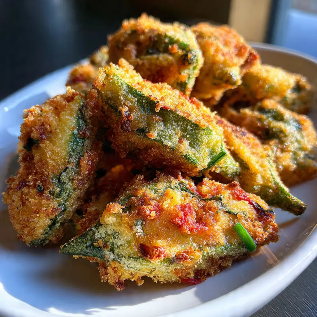 A generous serving platter of Pepper Jack Stuffed Fried Okra garnished with chopped parsley, with a bowl of ranch dressing in the foreground.