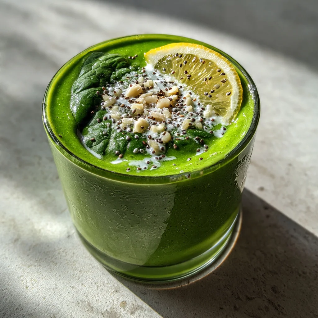 Overhead view of frozen mango, banana, spinach and chia seeds ready to blend into a healthy breakfast