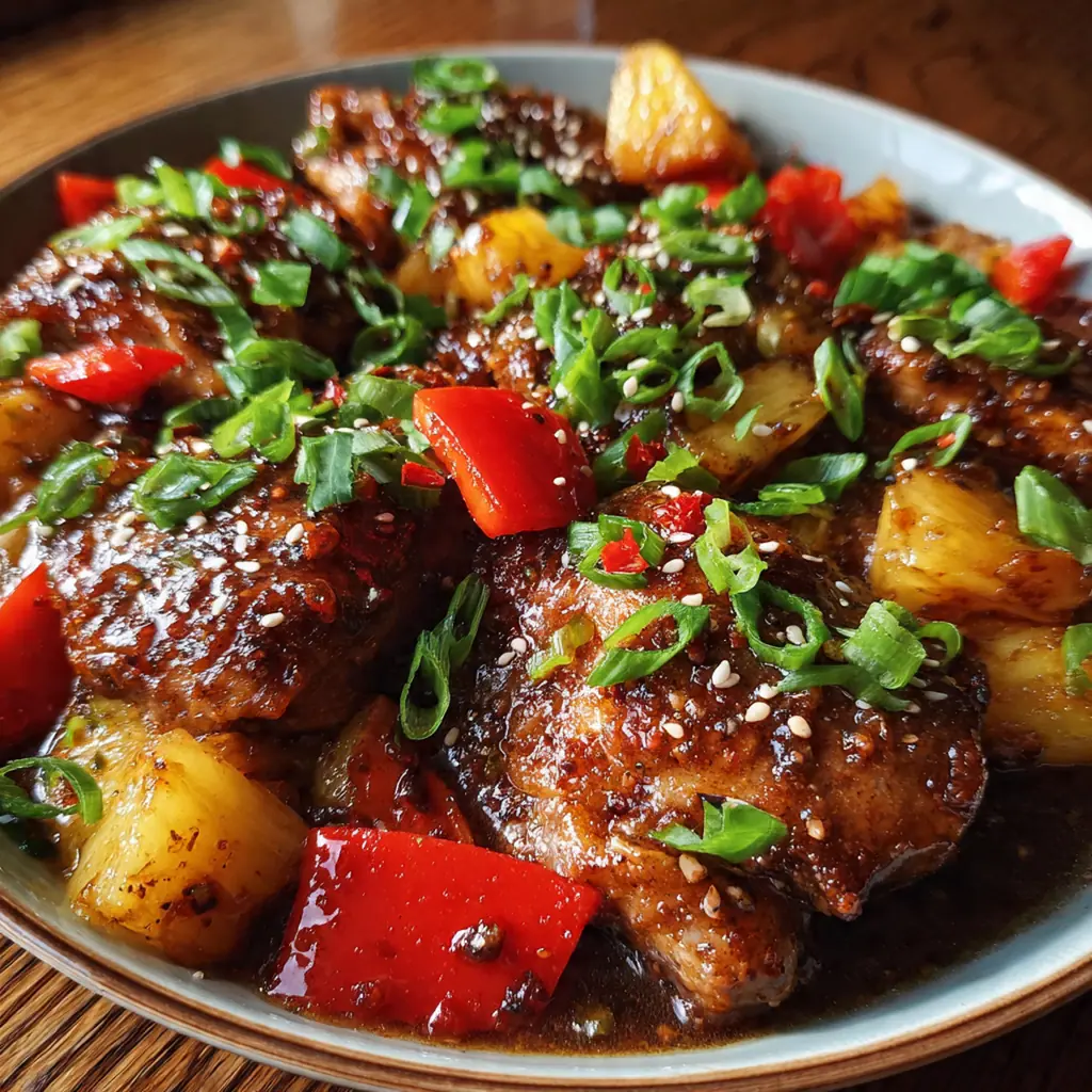 A rustic wooden bowl filled with finished Hawaiian chicken garnished with green onions and sesame seeds